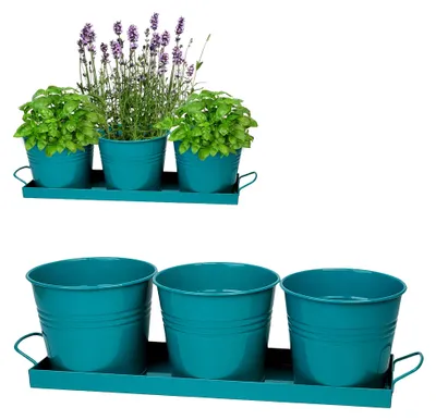 Produktbild von Set: Metall - Tablett mit je 3 Töpfen - Blumentopf/Pflanzkübel/Pflanzschale - türkis blau/Mint - frostsicher - 48 cm - Untersetzer - MITTEL groß - mit H..