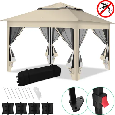 Image de Tente pliante TolleTour Pavillon Pop-up 3,3 x 3,3 x 2,7 m avec parasol, moustiquaire, sac de transport, sacs de sable, protection UV et double toit avec ouverture d'aération - Beige