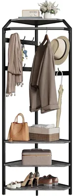 Image de Porte-manteau – Support à vêtements – 12 crochets en deux rangées – 4 étagères – Étagère à chaussures – Gris