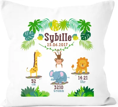 Produktbild von Geburtskissen Dschungel Safari Löwe Elefant Giraffe Namenskissen personalisierbares Kissen zur Geburt Junge Mädchen SpecialMe® weiß unisize
