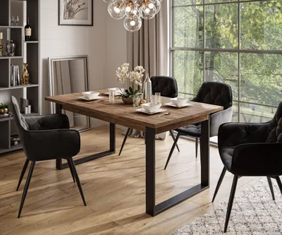 Produktbild von Möbelset ART - T-Klapptisch 150-198 und 4 Stühle, Stirling Eiche, Polsterstoff: Bluvel Schwarz 19