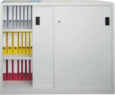 Produktbild von Schiebetürenschrank - Vollblechtüren - 1.200x1.500x400 mm (HxBxT) - 4 Böden, verzinkt - Zylinderschloss - enzianblau/rubinrot