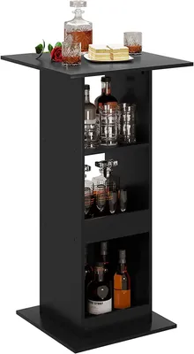 Zdjęcie produktu dla Stolik barowy z 3 przegródkami do przechowywania, wykonany z płyty drewnopodobnej, kolor czarny, wymiary: 60x60x109 cm