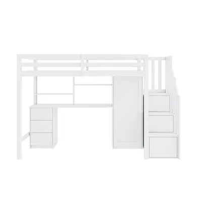 Produktbild von Flieks Etagenbett 90x200cm mit Schreibtisch und Schrank, Hochbett mit Kleiderschrank, Kinderbett mit Treppe und Rausfallschutz, Stockbett Weiß