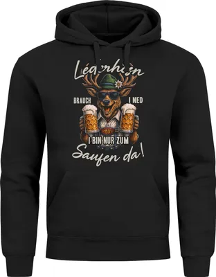 Produktbild von Hoodie Herren für das – Lederhosn brauch i ned i bin zum feiern saufen da – Hirsch Bier Ersatz Tracht Pullover Volksfest Bierfest Outfit Spruch Lustig Moonworks®