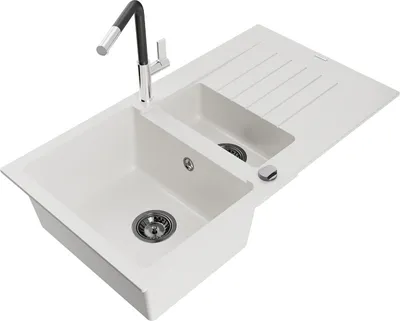 Produktbild von Mexen Matias 1,5-Becken-Granitspüle mit Abtropffläche und Mischbatterie Flora, Weiß - 6502-20-670401-07-B