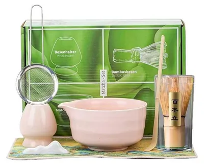 Produktbild von Matcha Set 4-teilig in Rosa, Matcha-Schale aus Keramik mit Bambusbesen & Teelöffel, Japanisches Teezeremonie Zubehör