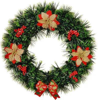 Produktbild von Weihnachtskranz für die Haustür, künstlicher Tannennadelkranz mit Kugeln, Schleifen, Blumen, „Frohe Weihnachten“, hängende Dekoration für Zuhause, Wand, Fenster, Veranda, Innen- und Außendekoration
