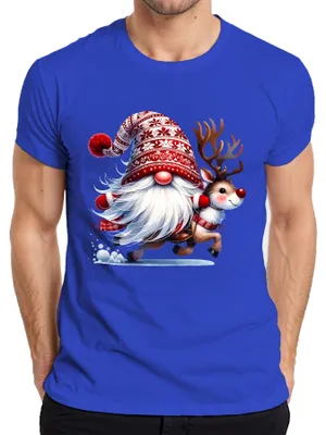 Produktbild von Weihnachtsmann mit Rentier lustig Cartoon Weihnachten Zwerg Gnom Herren T-Shirt, Blau, L