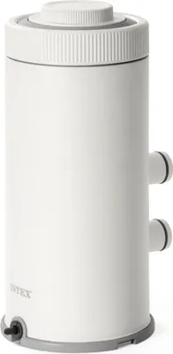 A white cylindrical water filter pump with gray accents and connectors on the side.