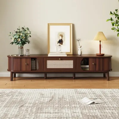 A wooden TV stand with decorative items and a rug in a living room setting.