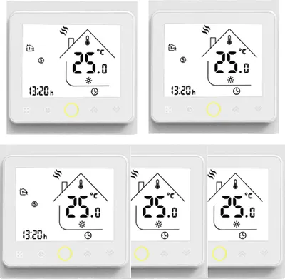 A collage of five identical digital thermostats displaying the same information.