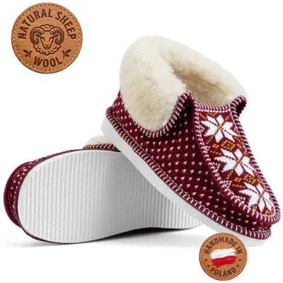Obrázok produktu pre Dámske papuče, vlnené, kožené, bordó farba, ručne šité, nórsky vzor, veľkosť 41