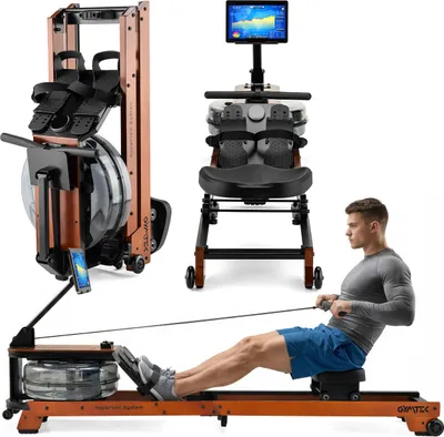 Obrázok produktu pre Vodný veslovací trenažér Gymtek®, veslovací stroj pre domáce použitie – do 120 kg – 6 úrovní odporu – Bluetooth – Kinomap – pre domáce posilňovne, fitness, silový tréning