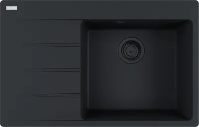 A top-down view of a black granite kitchen sink with a drainer.