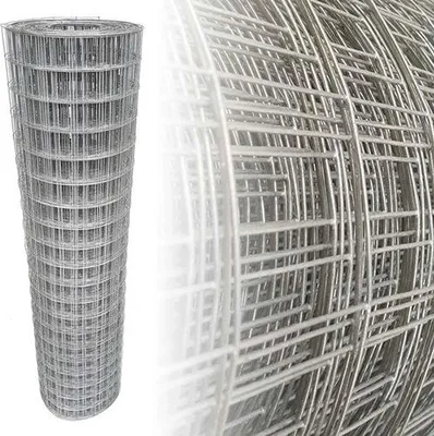 A roll of galvanized wire mesh fencing is shown, with a close-up view of the mesh pattern on the right.