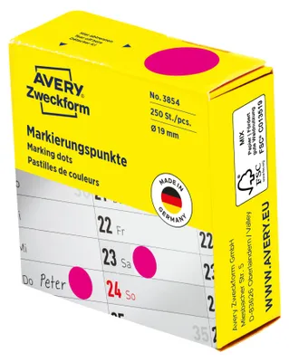 Produktbild von Avery Zweckform 3854, Markierungspunkte, ? 19 mm, 250 Markierungspunkte / 1 Rolle, magenta