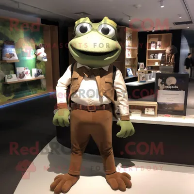Produktbild von Brauner REDBROKOLY Frosch Maskottchen Kostüm charakter bekleidet mit einem Oxford-Hemd und Schuhclips