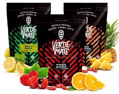 Produktbild von Verde Mate - Mate Tee Set Frutos Tropicales, Guarana, Menta Limon 3x400g - Dicke Blätter 5mm - Luftgetrocknet, Mild - Yerba Brasilien
