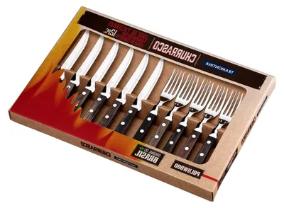 Produktbild von Steak- und Pizzabesteck, 12-teiliges Set für 6 Personen, rostfreier Edelstahl,er Holzgriff, spülmaschinenfest