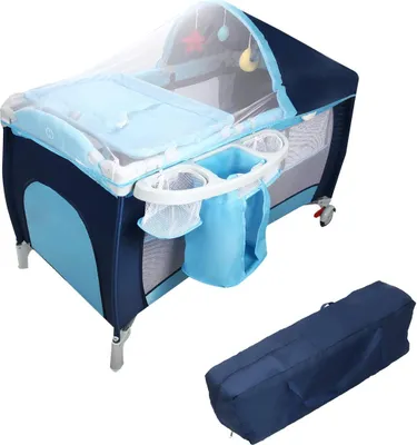 Produktbild von COSTWAY Babybett Reisebett Klappbett Babyreisebett Kinderbett Kinderreisebett Laufstall + Wickelauflage mit Schaukelfunktion (blau)