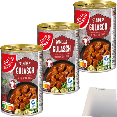 Produktbild von Gut & Günstig Rinder Gulasch in pikanter Sauce 3er Pack (3x400g Dose) + usy Block