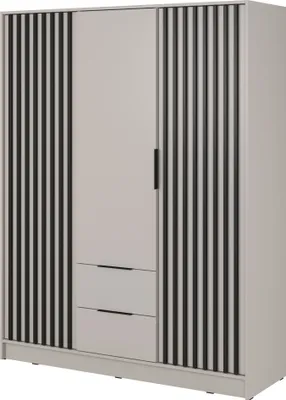 Produktbild von Schlafzimmerschrank 155 x 200 x 51 cm JOHN 3D (Kaschmir), 3 drehbare Türen und 2 Schubladen, Latten aus Holz, Industrieller Stil, Stauraum (Spannstange) mit Regalen