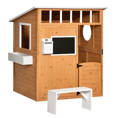 Produktbild von Outsunny Holz Spielhaus für Kinder mit Fenster, Briefkasten und Bank, Garten Spielhaus 122x108x135,5 cm