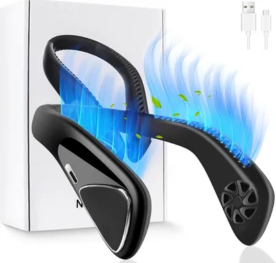A black neck fan with blue airflow effects is presented in front of a white box. Two USB cables are shown at the top right.