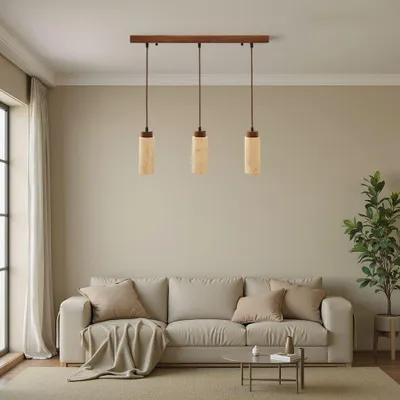 Produktbild von Opviq, Hochwertiger Kronleuchter, Holzfurnier-Metallkörper, Travertin-Kappe Ø6,5 h:18 cm, verstellbare Höhe 30-160 cm, Beige und Walnuss, skandinavisches Design, 3 x GU10.