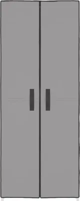 A front view of a closed, gray cabinet with two doors and two black handles.