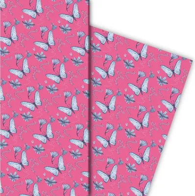 Produktbild von Zartes gemaltes Geschenkpapier mit Schmetterlingen und Blüten, rosa - G8098, 32 x 48cm