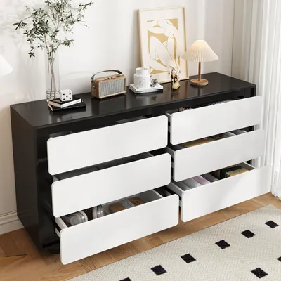 Image de MODFU Buffets et Commodes - Commode Chambre avec 6 Tiroirs Spacieux, Style Moderne, Panneaux de Particules, 140×38×74,5 cm - Blanc + Noir