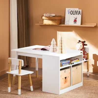 Produktbild von SoBuy Kindertisch mit 2 Stühlen Kindersitzgruppe mit Stauraum Spieltisch multifunktionaler Aktivitätstisch für Kinder innen Tisch Stuhl Set KMB113-W
