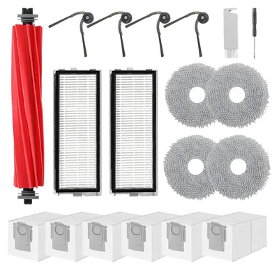 A collection of robot vacuum cleaner accessories laid out on a white background.