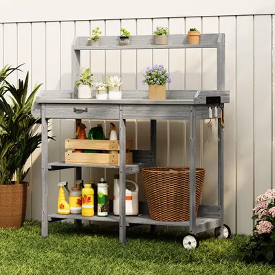 Produktbild von Gärtnertisch 112x43x120 cm Pflanztisch mit Schubladen  | Holz mit verzinkter Arbeitsplatte | Für Garten, Balkon & Terrasse | Grau CC53