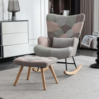 Produktbild von Sweiko Bequemer bunter Schaukelstuhl, 93 cm hoch, Sitzbreite 43 cm – inklusive 1 Fußstütze (49x38x37 cm) und 1 Lendenkissen, stabiles Gestell aus Gummibaumholz, mehrfarbiges Design, Loungesessel
