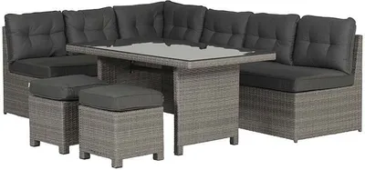 A sectional outdoor furniture set with a table and ottomans.