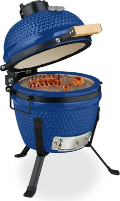 Obrázek produktu pro Relaxdays Kamado gril, Ø 32 cm, keramický gril s teploměrem do 450 °C, BBQ, grilování, vaření a pečení, udírna, modrý