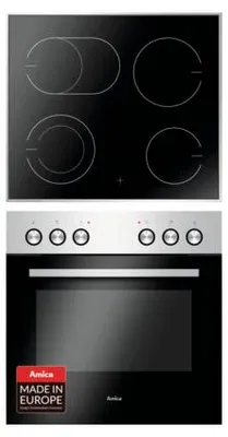 A split image showing the top of a black induction hob with four cooking zones and the front of a stainless steel and black oven below.