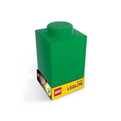 A green LEGO brick-shaped night light is displayed on a white background, with its packaging visible at the base.