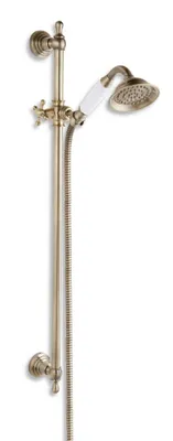 A vintage-style shower set with a hand shower, hose, and adjustable height bar, presented against a white background.