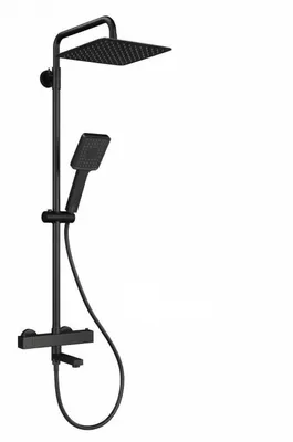 Produktbild von Duschsystem Thermostat Komplettset mit 38°C Sicherheitstaste, Quadratisch Schwarz, Edelstahl, mit Badewannenablauf