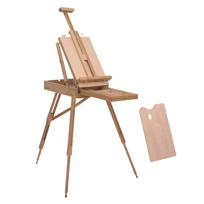Image de HOMCOM Chevalet d'artiste sur pieds pliable mallette de peinture chevalet avec rangement hauteur réglable bois de hêtre clair