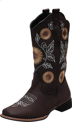 Obrázek produktu pro ASKSA Dámské kovbojské boty Sunflower Embroidered Western Boots, Coffee, Velikost: 42