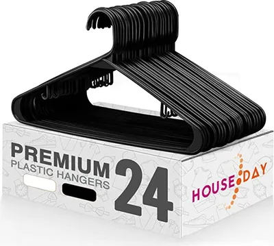 Produktbild von HOUSE DAY 24 Stück Plastik Kleiderbügel - Schwarz Kleiderbügel Platzsparend Kunststoff Strapazierfähig Kunststoff 41.6cm Länge Kleiderbügel 100% Recyclingmaterial