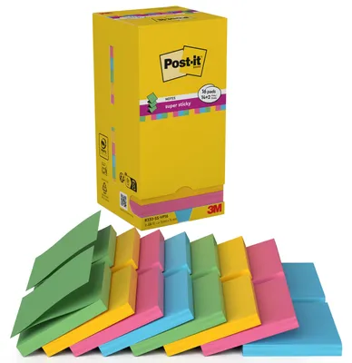Produktbild von Post-it® Super Sticky Z-Notes Haftnotizen - Verschiedene Farben - 76 mm x 76 mm - 90 Blatt/Block - 14 Stücke + 2 Gratis