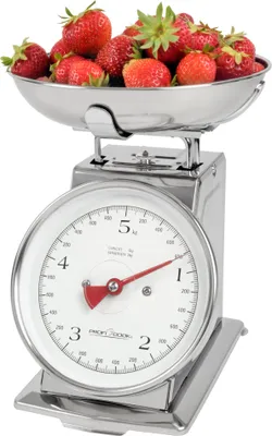 Produktbild von ProfiCook Retro-Küchenwaage analog mechanisch bis 5 kg mit Tara-Funktion, ohne Batterien und Strom nutzbar, inkl. Edelstahl Schüssel, PC-KW 1247