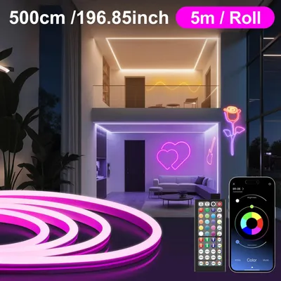 Produktbild von LED-Neon-Lichtschlauch - 5 m - RGB - App- und Fernbedienung - Musik-Synchronisation - IP65-wasserdicht - Für Zuhause, Pool und Garten