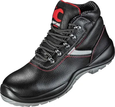 A single black work boot is shown against a white background.